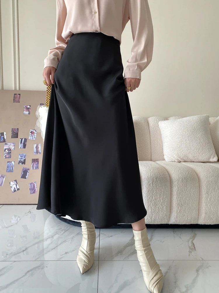 High Waisted Satin Long Skirts for Women Spring/Summer New 2024 Women's Skirt A-line Fashion Elegant Slim Fit Grey Black Skirt