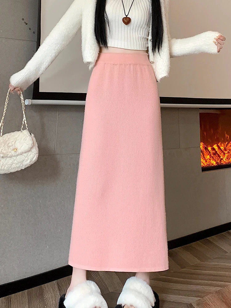 Women Sweater Skirt Pencil Knitted Skirt High Waist Skirts Womens Winter 2023 Long Warm Knitting Skirts Straight Split Bottoms