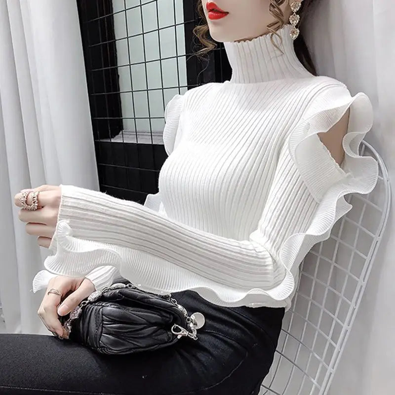 Turtleneck Knitted Ruffles Top For Autumn Winter New Off Shoulder Slim Long Sleeved Base Sweater Korean Fashion Woman Clothes