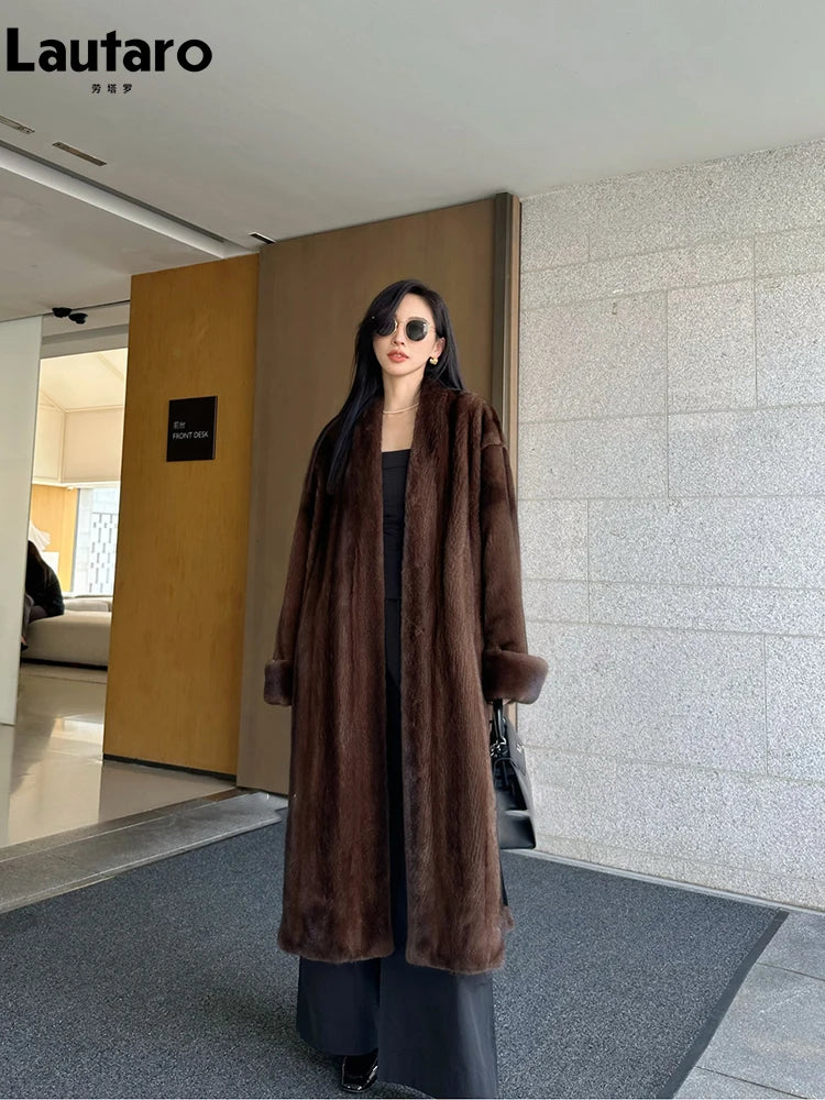 Lautaro Autumn Winter Long Luxury Elegant Chic Soft Thick Warm Brown Hairy Faux Mink Fur Coat Women V Neck Fluffy Overcoat 2024