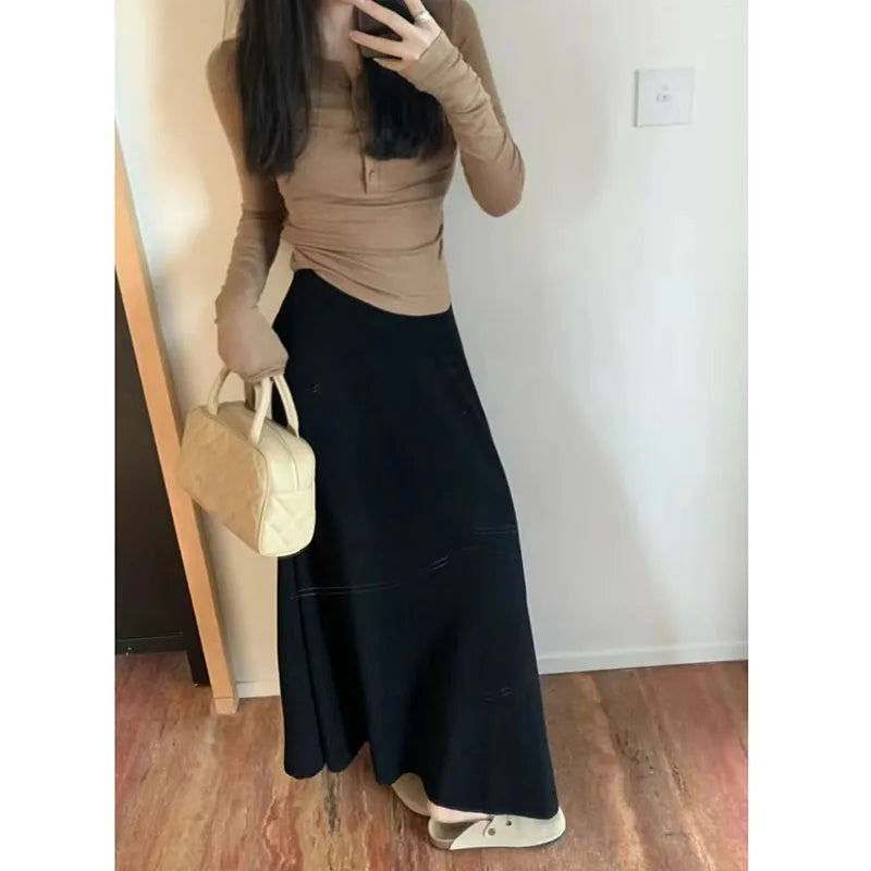 Lucyever Vintage Gray Knitted Midi Skirts Women 2023 New High Waist Slimming A-Line Skirt Woman Elegant Solid Droop Long Skirts