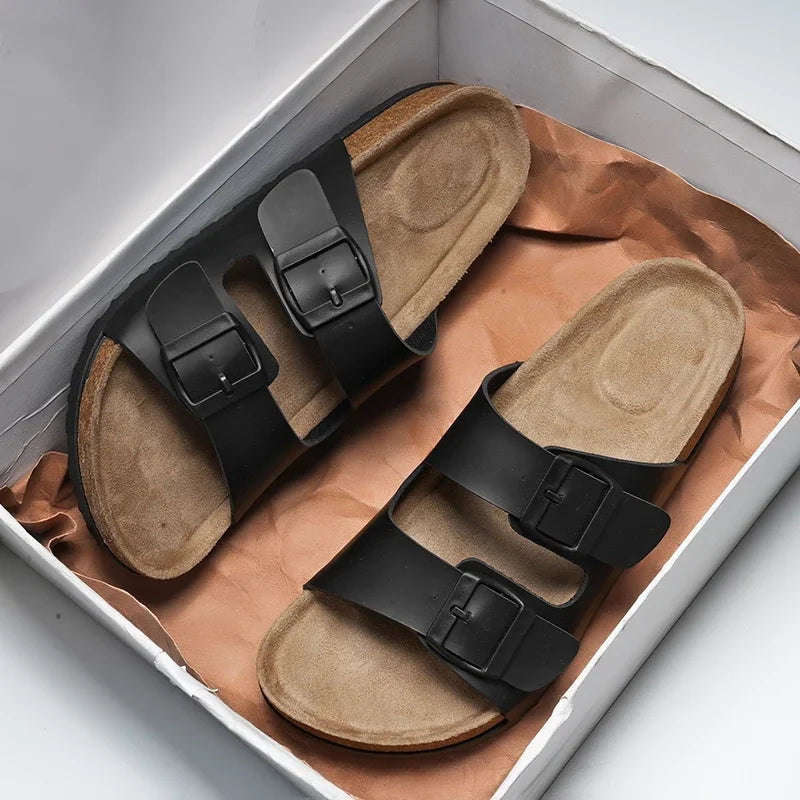 Unisex Men Women Summer Slippers Leather Men Footbed Outdoor Indoor High Quality Fashion Casual Classic Two Buckle Mules Slides