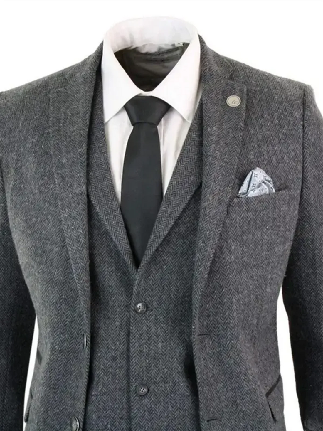 3 Piece Gray Wool Tweed Winter Suit for Men Herringbone Slim Fit Formal Groom Tuxedo Wedding Male Suits (Jacket+Vest+Pants)