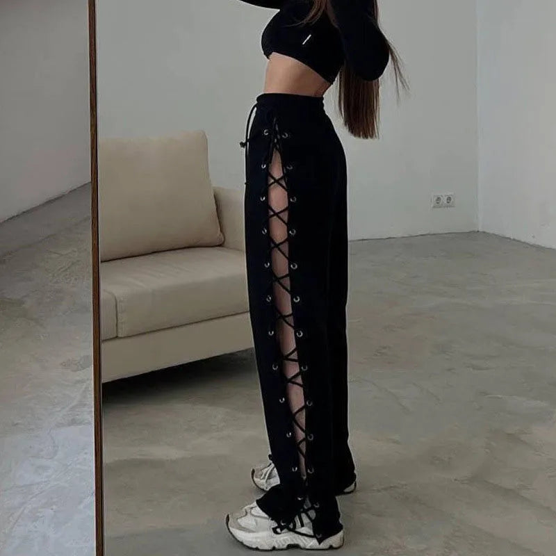 Side Slit Hollow Wide Leg Pants 2024 Spring/Summer Women's New Solid Color Wide Leg Pants Street Versatile Slim Fit Pants