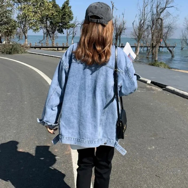 Spring Autumn Black Denim Jacket Top Woman Korean Simple Loose Jean Coats for Women 2023 New Trendy Button Long Sleeve Outwear