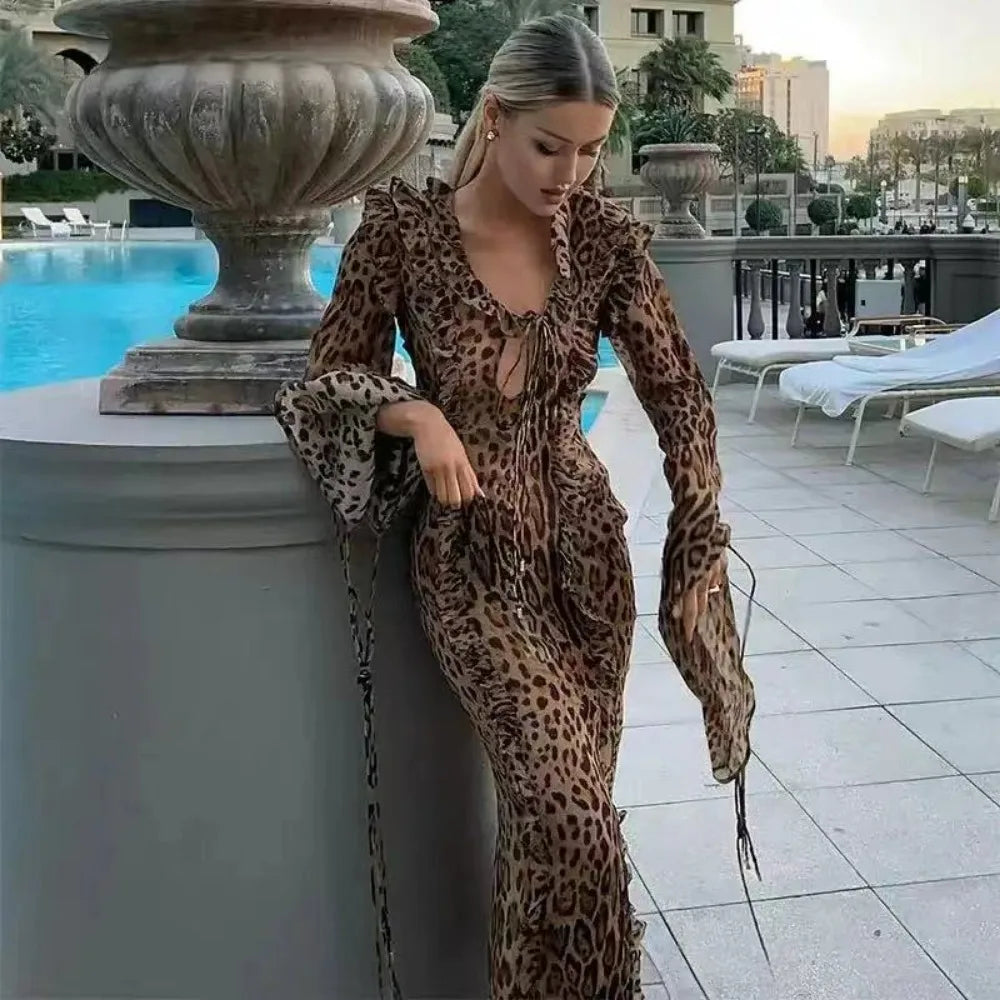 Leopard Print Beach Dress Women Fashion Ruffle Lace Up Slim Long Dresses Sexy Chiffon Split Holiday Party Dress 2024 Summer