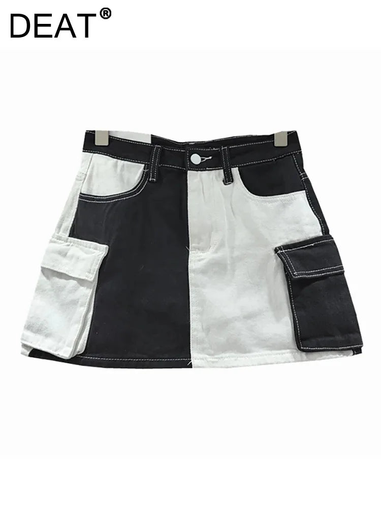 DEAT Women's Denim Skirt Contrast Color Patchwork Big Pockets Wrap Hip A-line Cargo Mini Skirt 2024 Summer New Fashion 29L6817