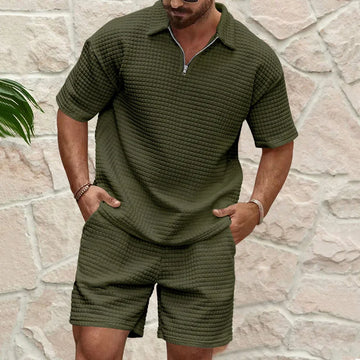 2025European and American Men's Spring and Summer Trends Youth Outdoor Lapel Small Plaid Short Sleeve Shorts Sports Suit