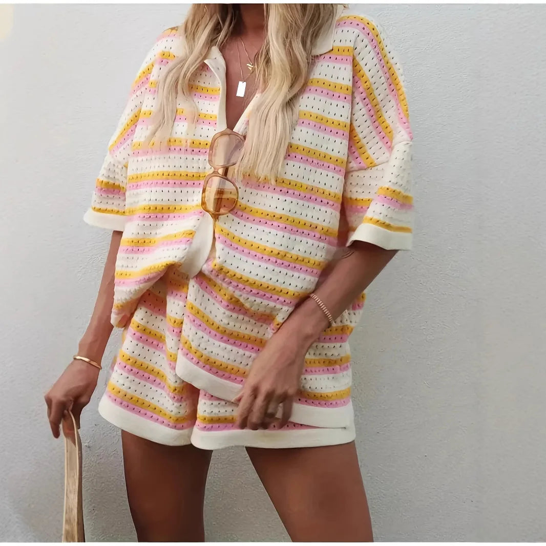 2025 Women's Summer New Style Casual Loose Lapel Hollow Fashion Striped Shorts Set Vacation Single Breakfast 2-piece Shorts Set