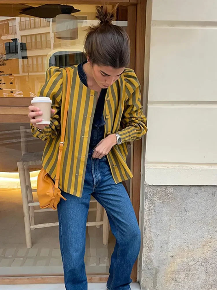 Women Contrasting Stripes Shirt Jacket Elegant Loose O Neck Long Puff Sleeve Thin Coat New Chic Female Artistic Streetwear 2024