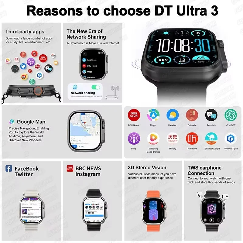 2025 For IOS DT Ultra 3 New Watch High-End 32G Memory Smartwatch Men GPS Map Video Call NFC ChatGPT Business Fitness Sport Clock
