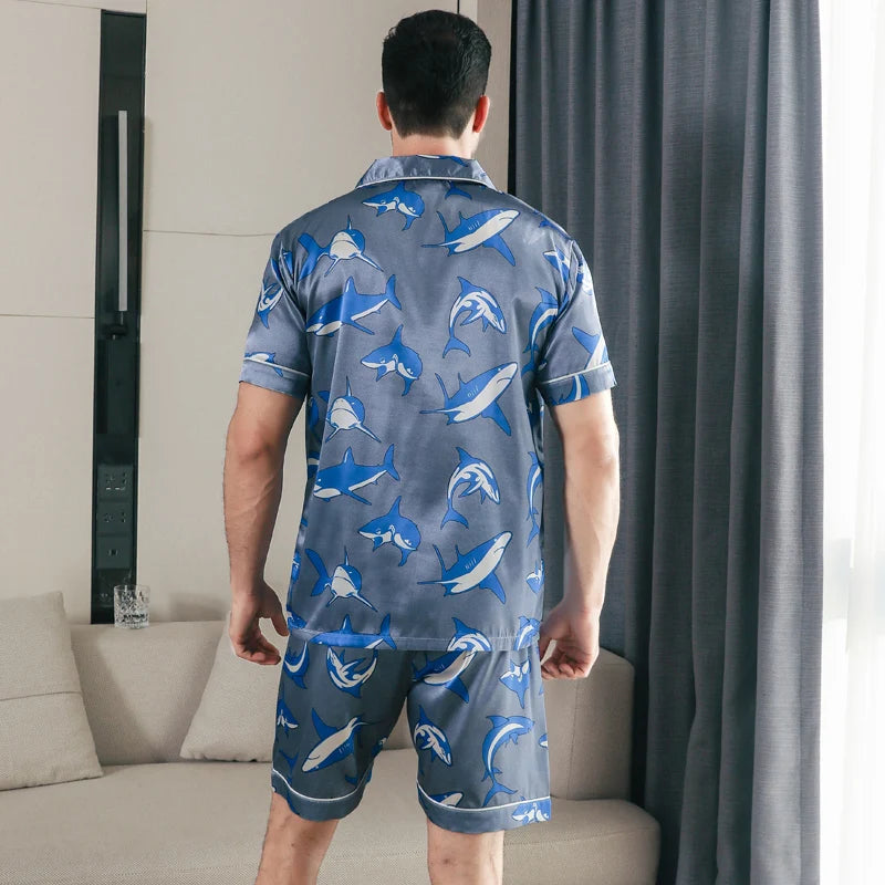 Men's pajamas short sleeved summer ice silk home clothing men's summer casual thin cardigan can be worn as a set home clothing