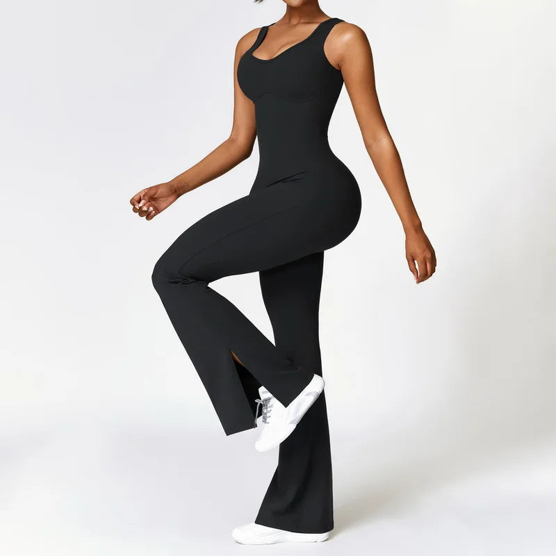 Woman Gym Outfits Fashion Seamless Sporty Jumpsuit With Flare Pants One Piece Yoga Dance Jumpsuit Female Fitness Sport Overalls