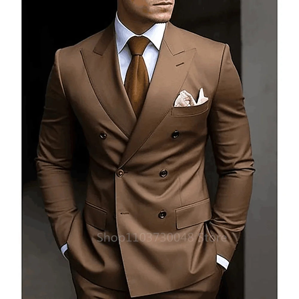 Formal Brown Men 2 Piece Wedding Suits Groom Tuxedo Slim Fit Peak Lapel Blazer Pants Business Suits Costume Homme For Party Prom