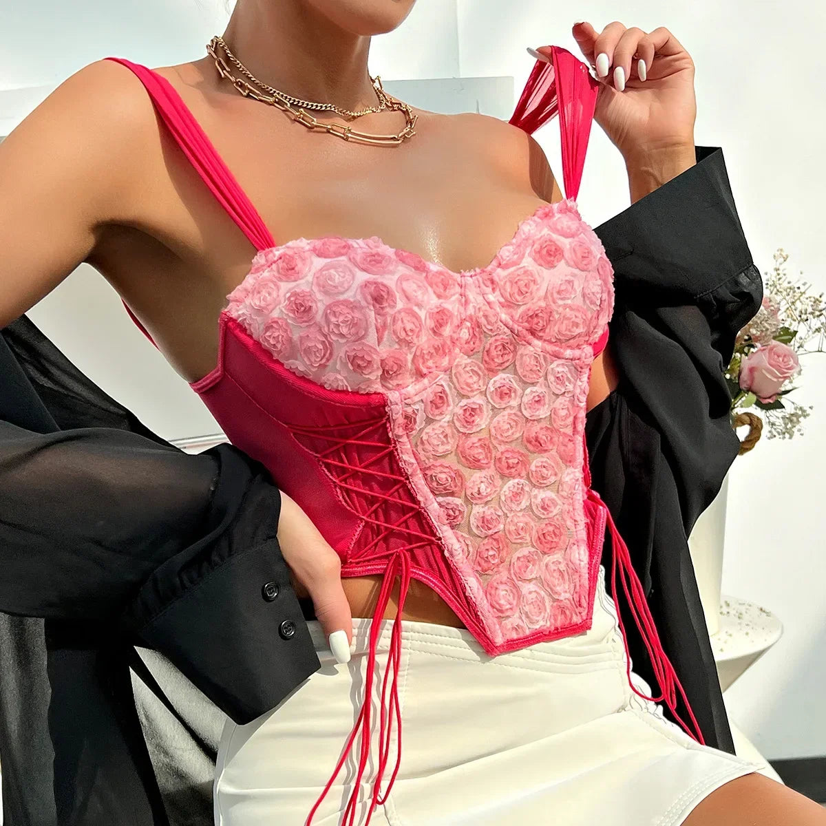 Pink Floral Crop Top Lace su sexy Corset Top Summer Romantico Tops di serbatoi senza schienale gilet femminile camita Cami Top Top Festival Tank