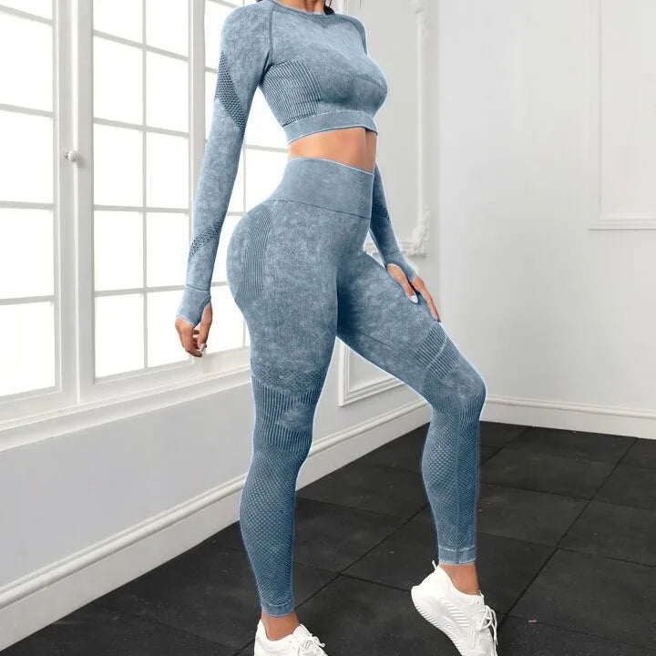 Ioga sem costura fita women workout sportswear gym roupas de ginástica longa colheita de manga comprida Top de altura de altas perneiras