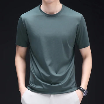 Summer High-End New Mulberry Silk Round Neck T-shirt Men's  Thin Pure Color Silk Short Sleeve Middle-Aged and Young Men Clothing