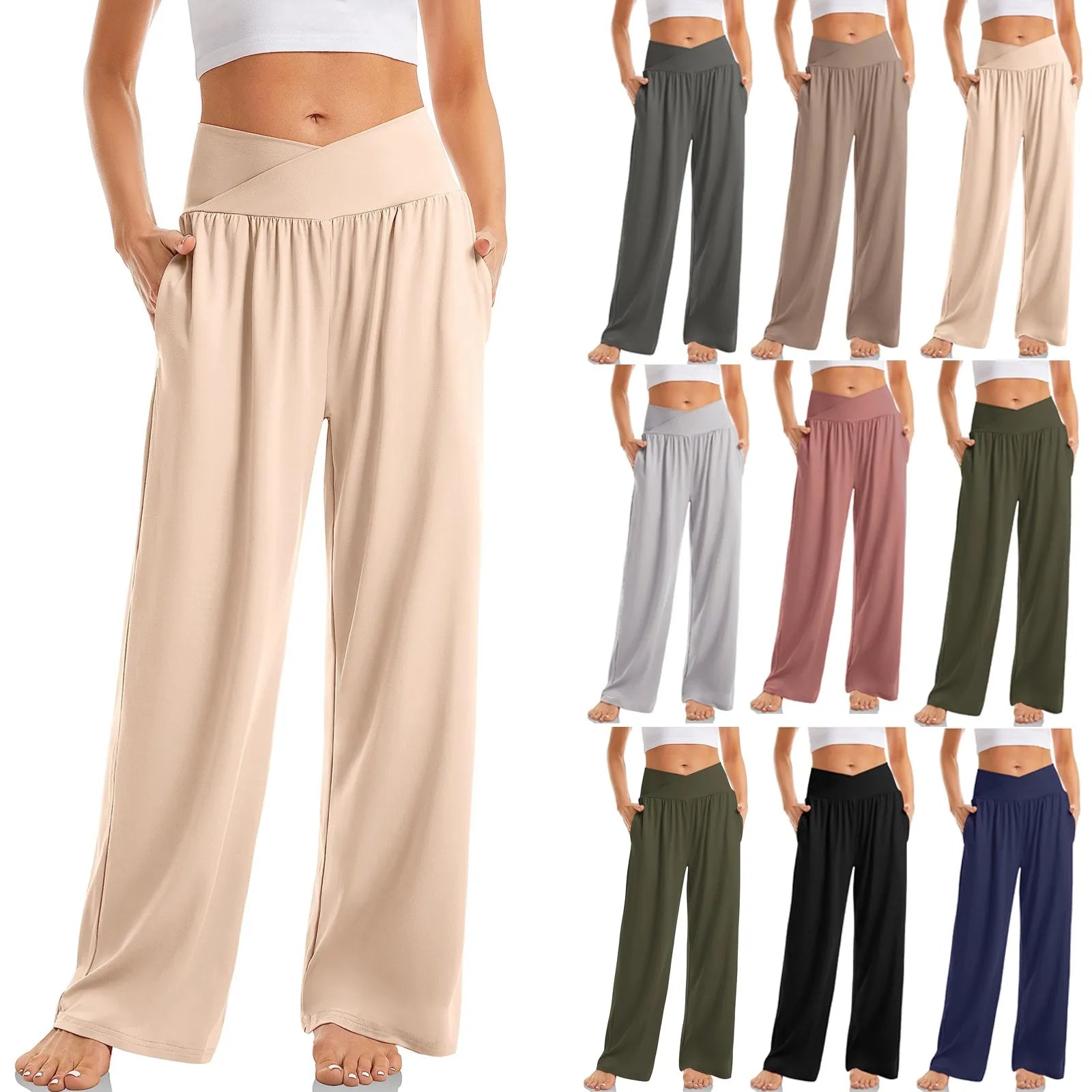 Women's High Waist Solid Color Casual Trousers Wide Leg Sports Pants With Pockets