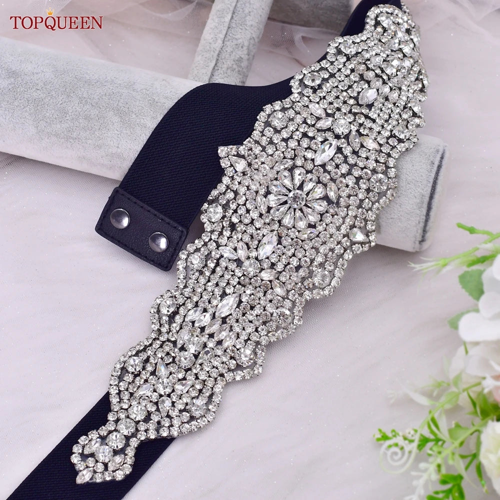 TOPQUEEN S233-B Women Black Elastic Belt All-match Silver Rhinestones Crystal Women Dress Gown Elegant Female Daily Sash Sparkly