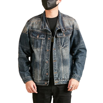 Men's Embroidery Fashion Loose Casual Plus Size Streetwear Punk Hip Hop Denim Cargo Motorcycle Jacket Cowboy Jeans Wear Coat