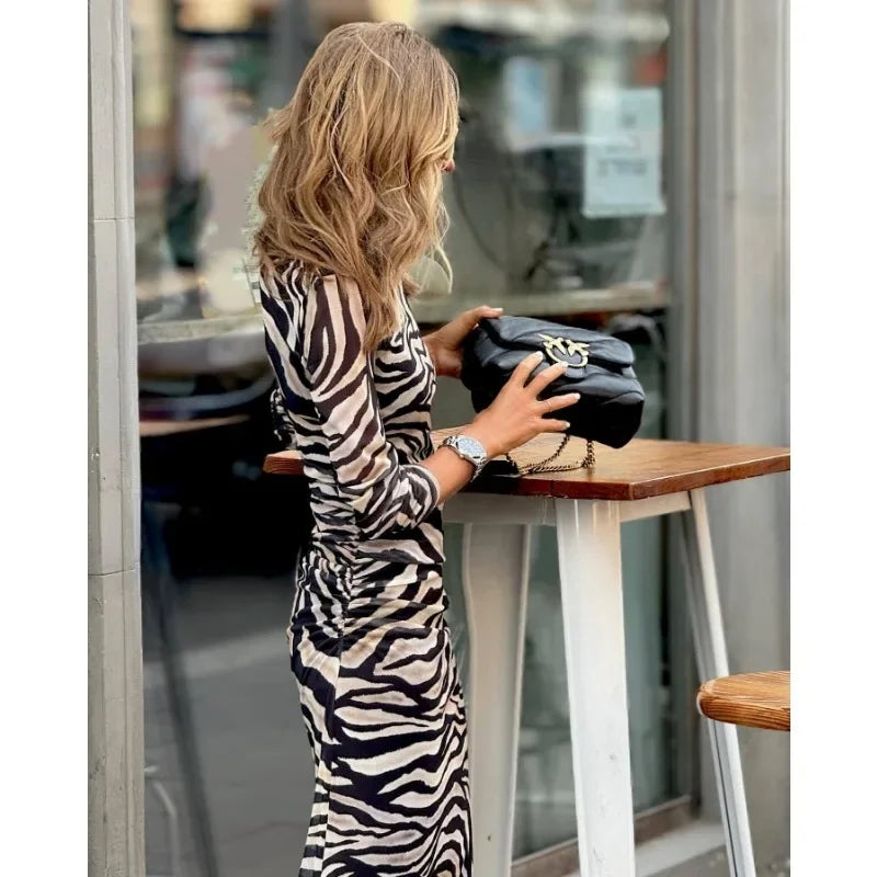 2023 Autumn Winter Dress New Women's Warm Zebra Pattern Velvet Stretch Slim Dress Women Long Sleeve Round-Neck High Waist Dress