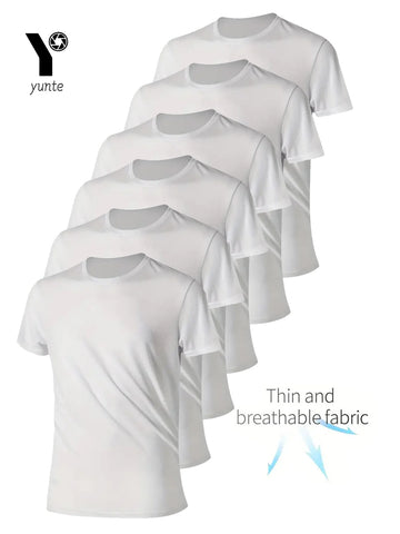 Round Neck T-Shirt 6-Piece White Ultra-Light Men's Quick-Drying Breathable Sweat-Absorbent Shirt Suitable for Fitness Gym and Ru