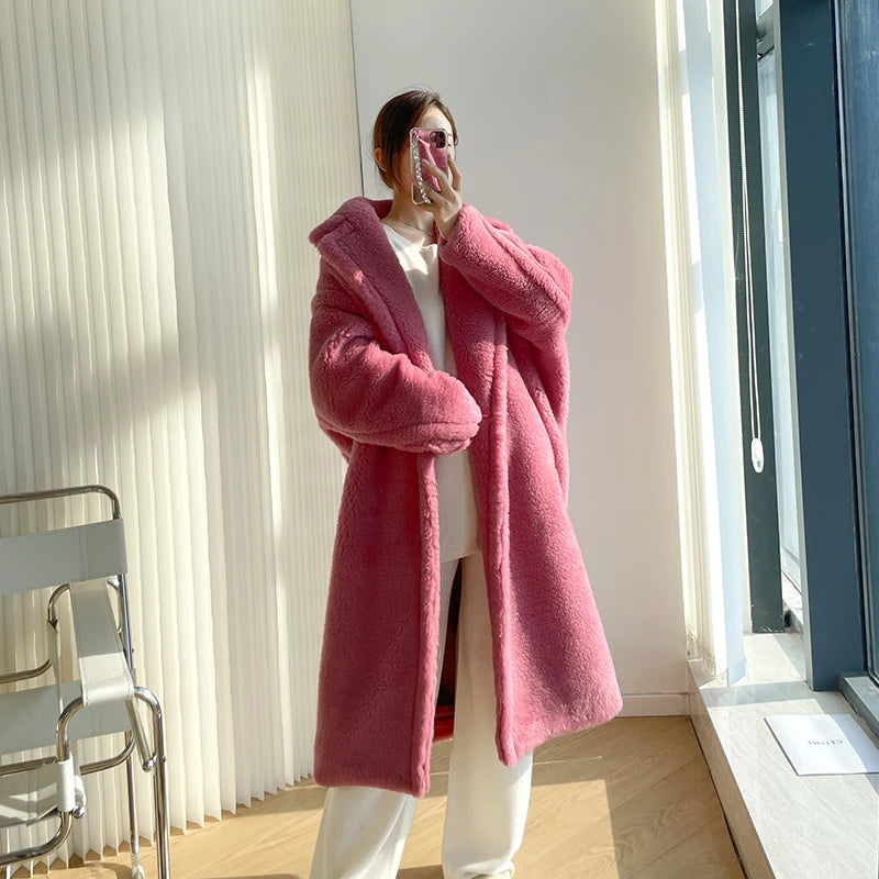 2022 Women Long Cashmere Coat Wool Woven Fabric Thick Warm Outerwear Oversize Fashion Streetwear Teddy Bear Winter Jacket