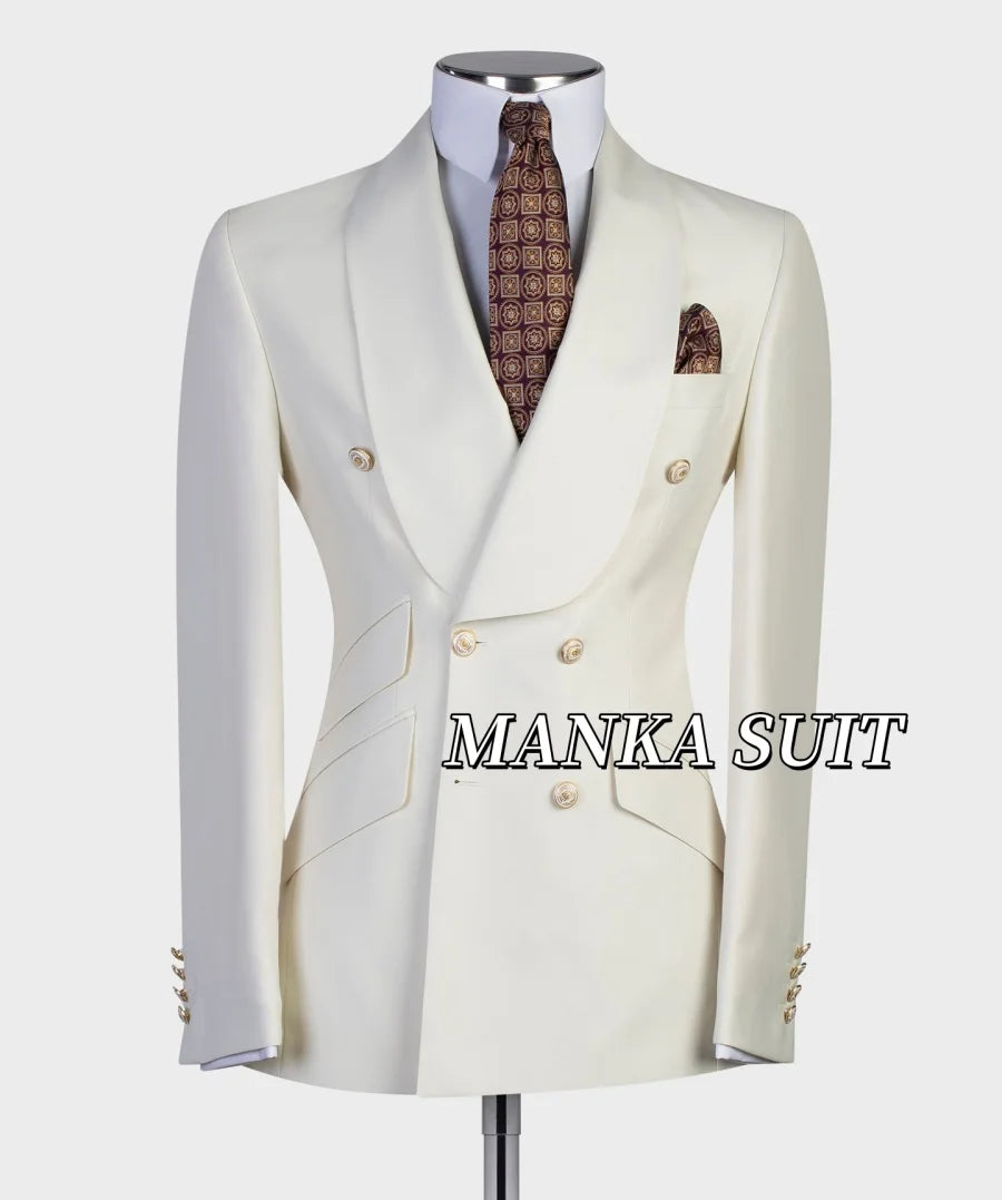 Ivory Double Breasted Wedding Men's Suits 2pcs Blazer Pants Formal Party Men Costume