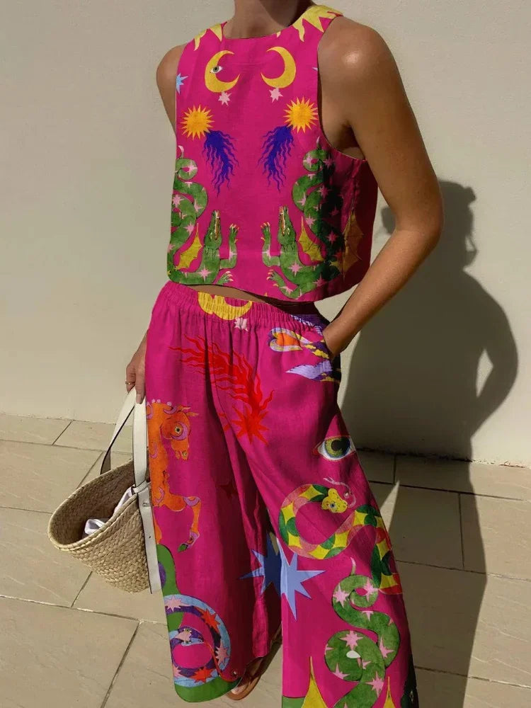 Casual Printed Pant Suits For Women Vintage Crew Neck Sleeveless Vest High Waist Loose Trouser Sets Female Beach Holiday Outfits