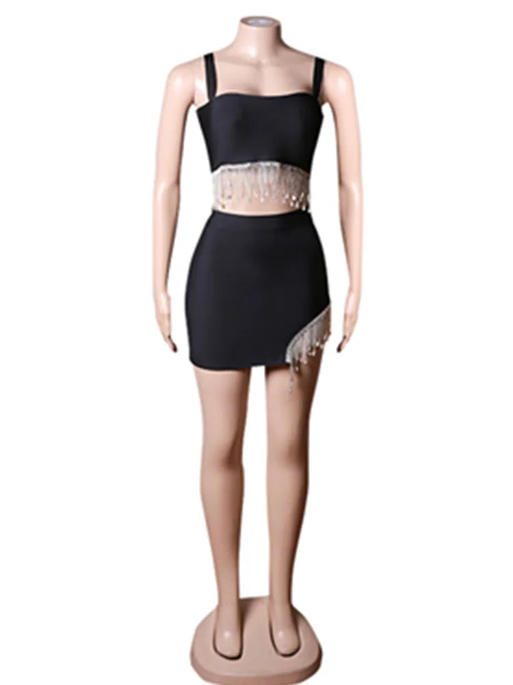 2024 Nuove donne estive sexy 2 pezzi Bodycon Mini vestito Diamond Chain Sexy Bar Dancer Club Dress Night Sale