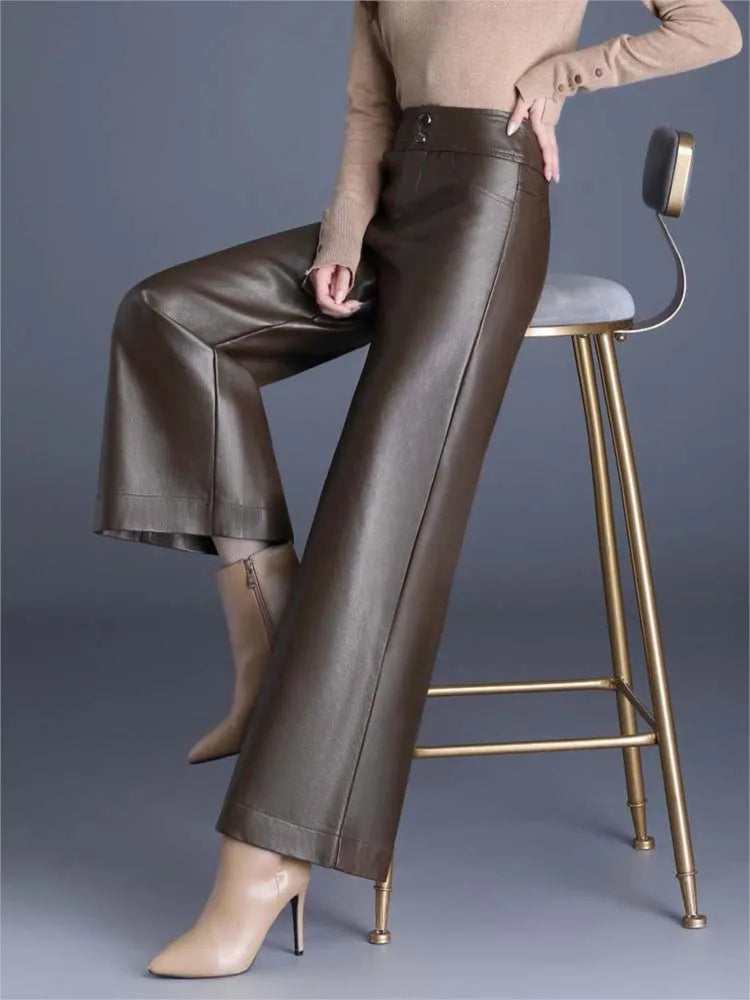 ZUZK High Quality Women PU Leather Wed Leg Pants  Autumn Winter Fashion Warm Long Leather Pants Elegant LeatherTrousers