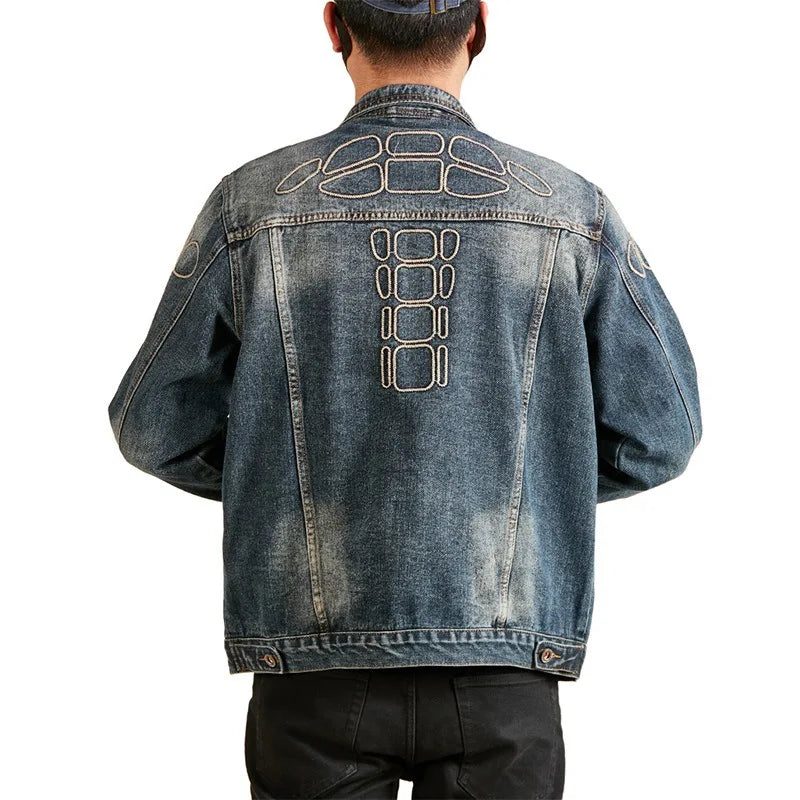 Men's Embroidery Fashion Loose Casual Plus Size Streetwear Punk Hip Hop Denim Cargo Motorcycle Jacket Cowboy Jeans Wear Coat