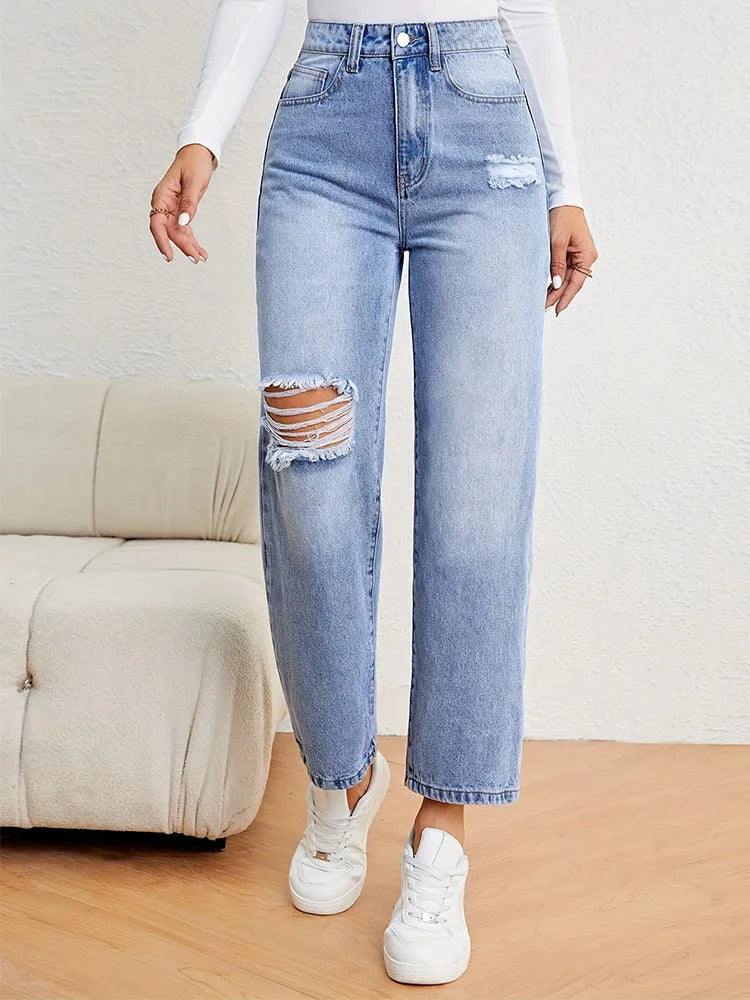 Denimcolab Women's Loose High Waist Jeans Cotton Denim With Holes Straight Leg Pants Ladies Casual Simple Solid Denim Trousers