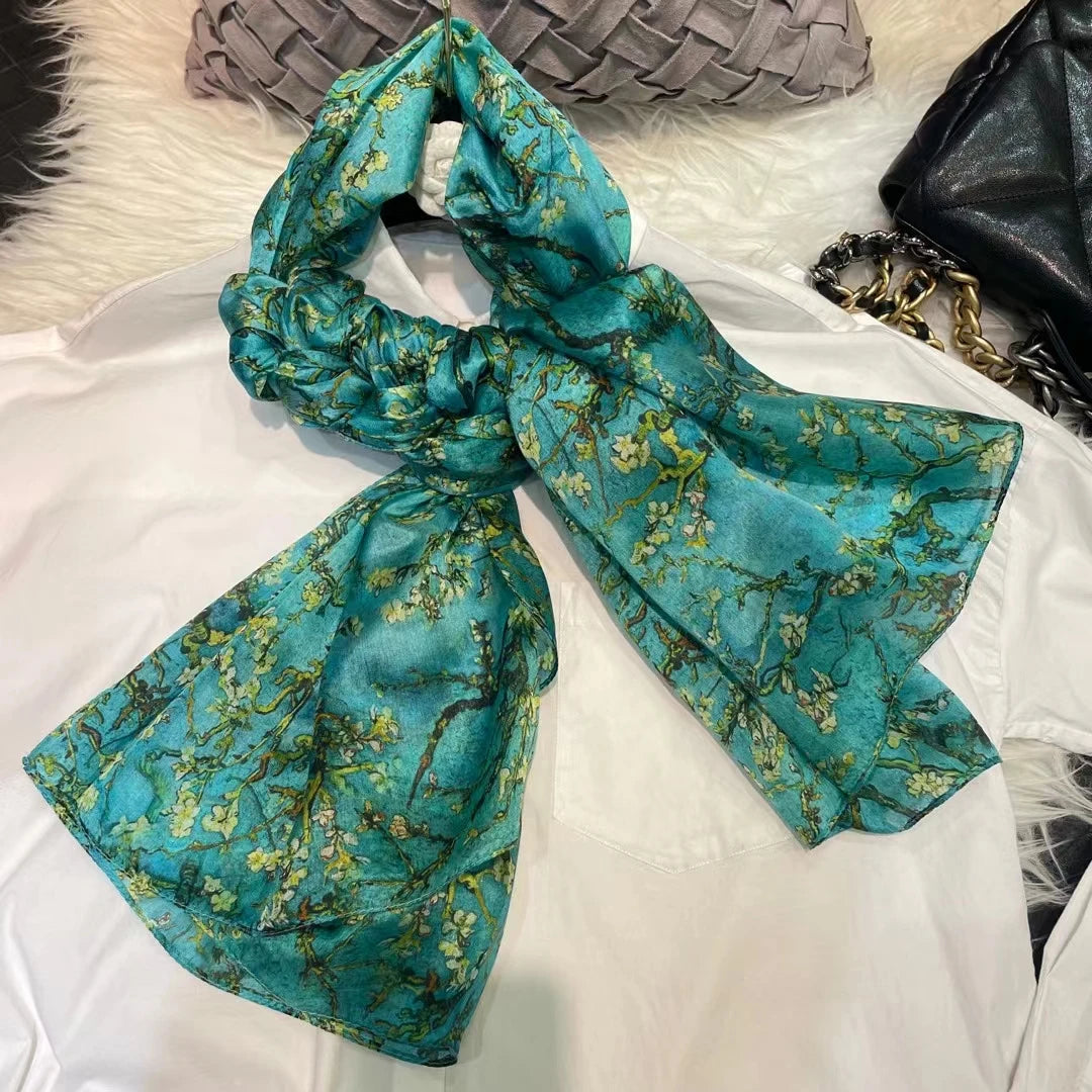 100% Mulberry Silk Scarf Shawl Brand Plum Bossom Design Blue Green Summer Beach Silk Shawls Scarfs Fall Winter Neck Head Scarf