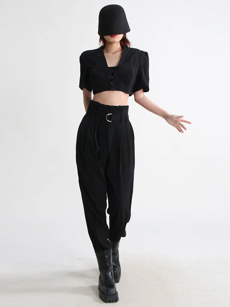 VGH Slim Two Piece Sets For Women V Neck Short Sleeve Crop Tops High Waist Spliceed Belt Wide Leg Pants Casual Set Female 2023