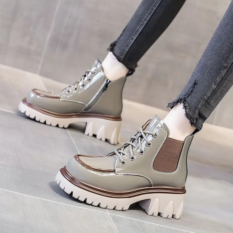 Punk Style Combat Platform Female Ankle Boots Chunky Elastic with Laces Lace-up Booties Footwear Short Shoes for Women 2024 New