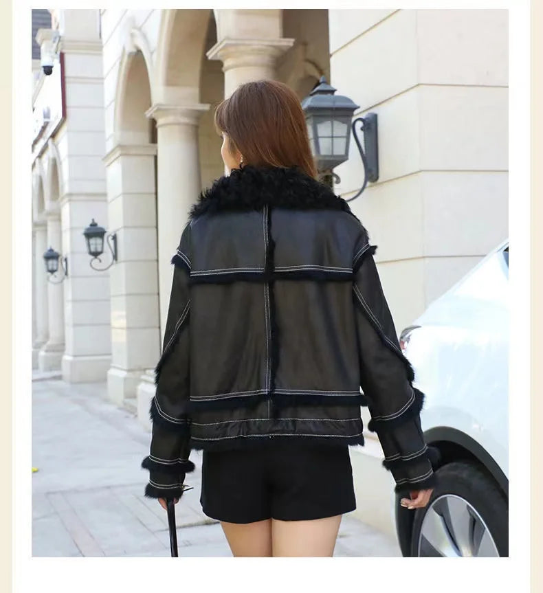 2023 Winter Short Women's Natural Rabbit Hair Lined Sheepskin Collar Coat Fashion Luxury Warm Leather Coat