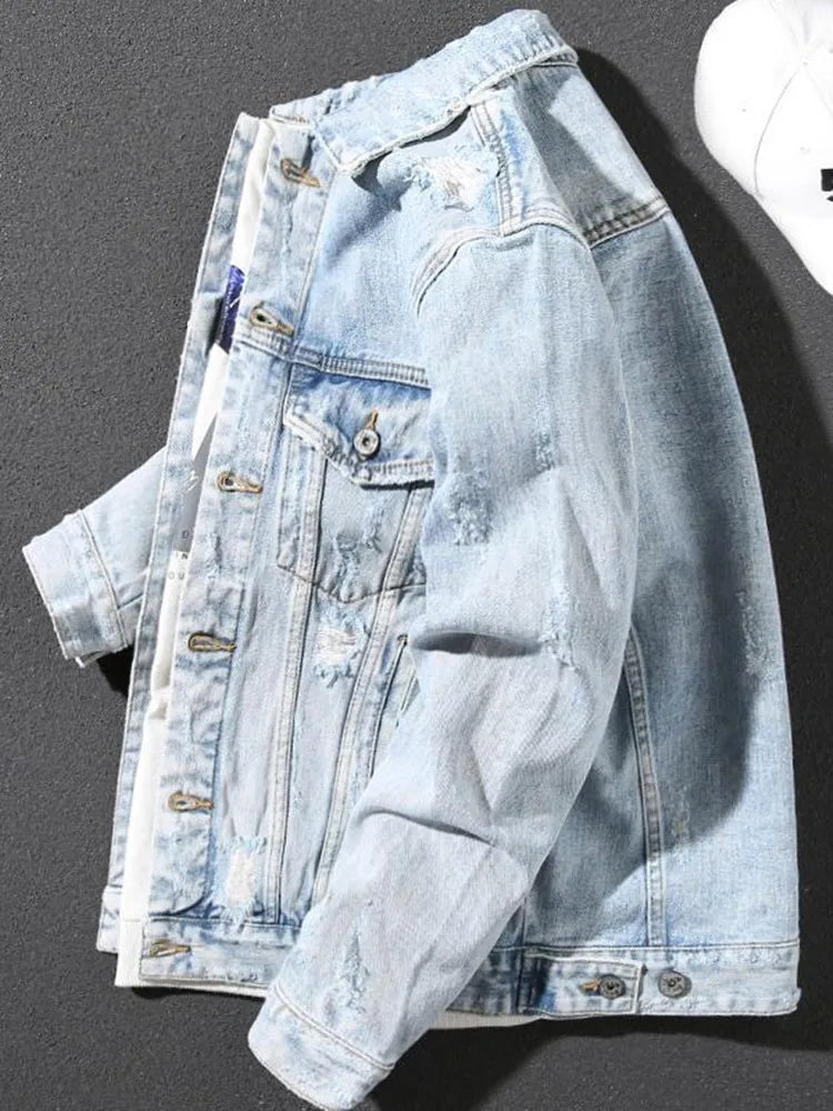 Spring and Autumn New Fashion Trend Retro Ripped Sports Denim Jacket Men's Loose Comfortable Large Size High Quality Coat M-4XL