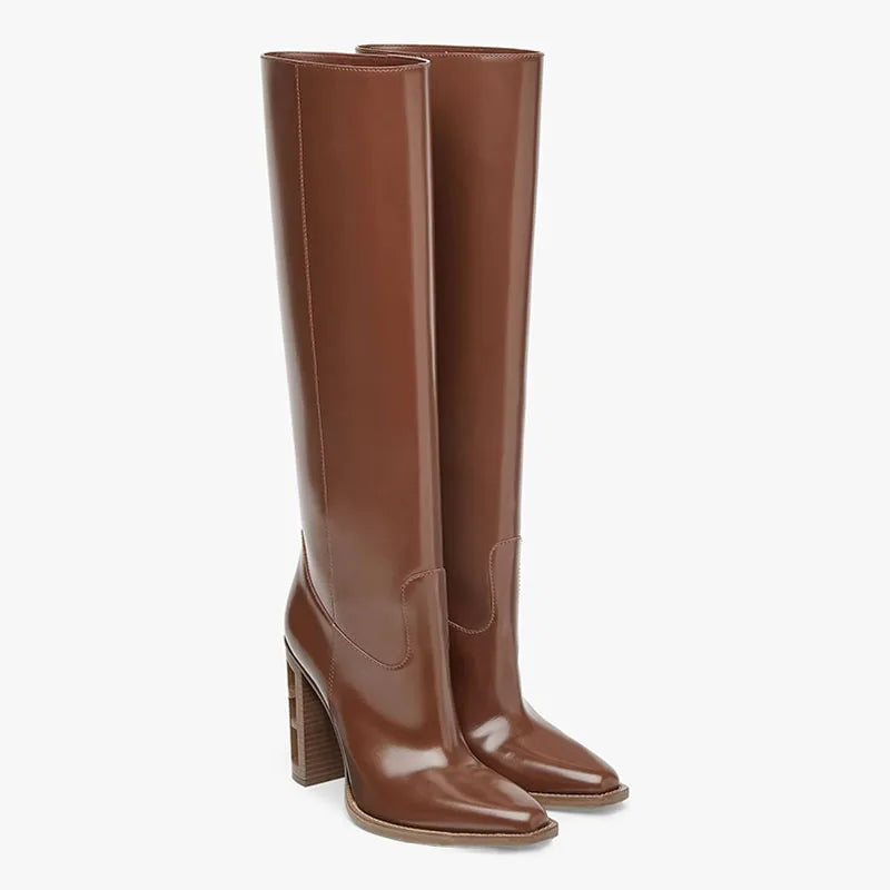 Arden Furtado Woman's leather Knee high boots hollow out Chunky heels Riding boots fashion knee high Brown tan boots for women