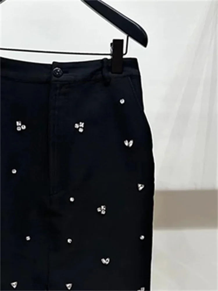 Women Classic Black Split Knitted Skirt Diamond Embellishment Slim Fit Mid Length Skirts 2024 Early Autumn