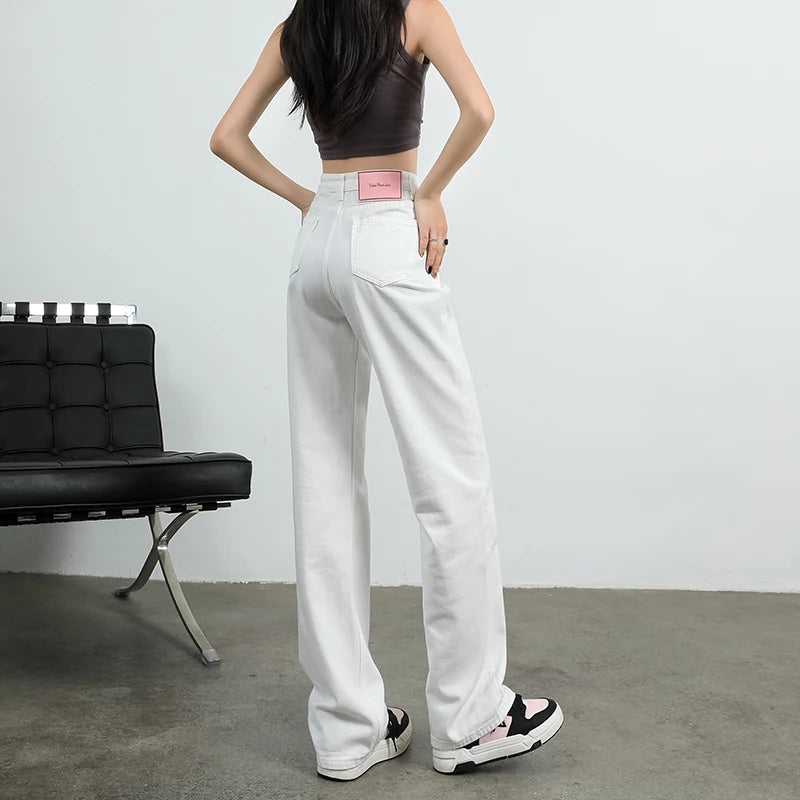 Jeans Cantura Alta Feminina Linha larga Algodão Y2K Roupas de streetwear calças de moda vintage Blue White Leisure Trouser