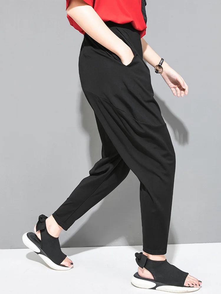 [EAM] High Elastic Waist Black Pockets Thin Harem Pants New Loose Fit Trousers Women Fashion Tide Spring Summer 2024 1DF4728