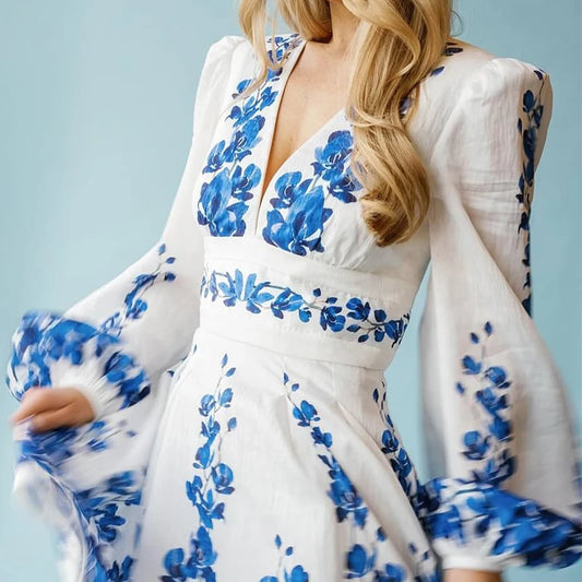 Flaxmaker 2025 Vintage Elegant Women Printed Long Sleeve One Piece Swimsuit V Neck Boho Print Dress Loose Party Dresses