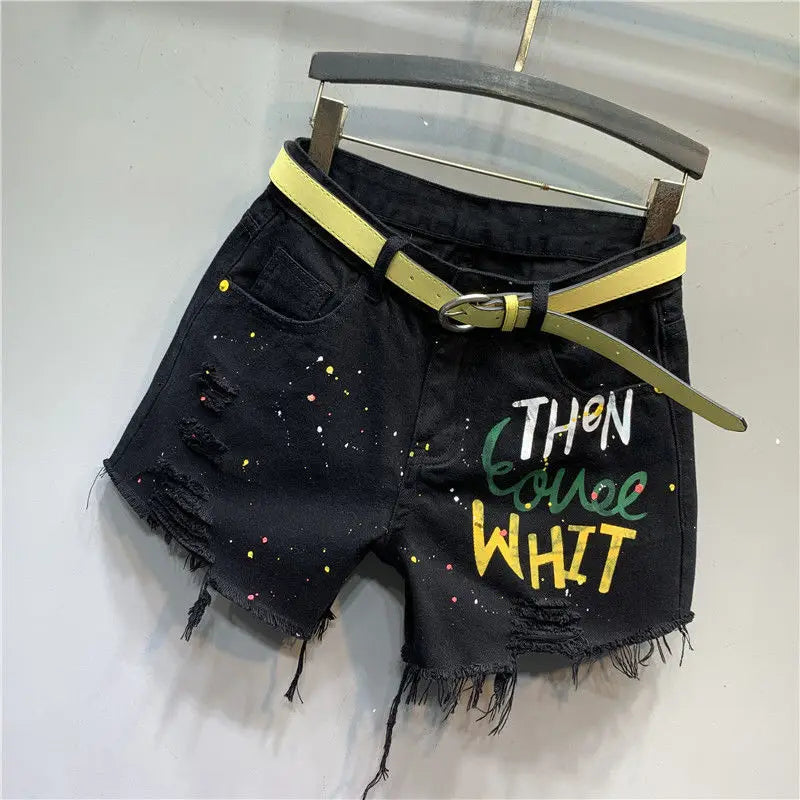 Korean Style Women 2024 Summer New Letter Printing Splash Paint Ripped Black Denim Shorts Personalized Fried Street Hot Pants