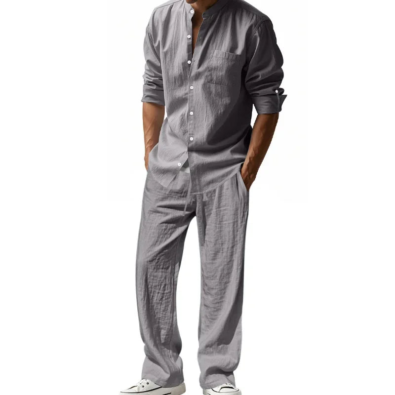 2025 Cross-border American Four Seasons Linen Men's Casual Suit Amazon Loose Long Sleeve Pants Shirt Suit Men's