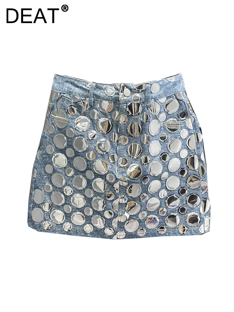 Deat 2024 Sommer Neue Mode Frauen -Denimrock hoher Taille Rundpaine Patchwork Wrap Hip Blue Short Miniröcke 29L4143