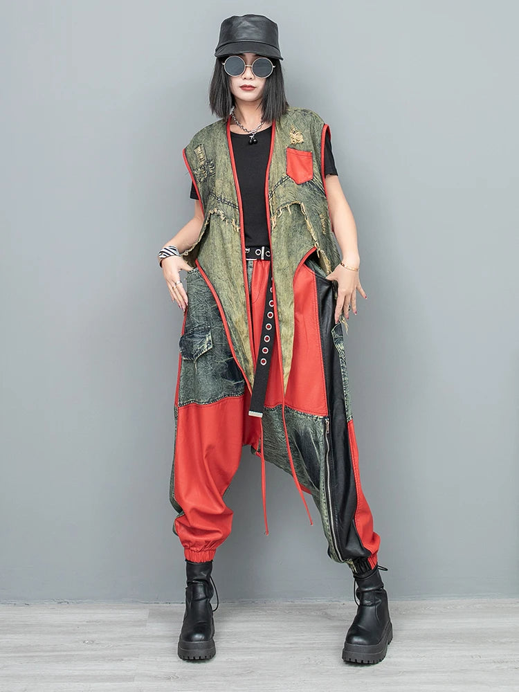 2024 Spring Summer New Cool Distressed Denim Patchwork Irregular Vest + Hanging Crotch Pants Two-piece Set Women LX076