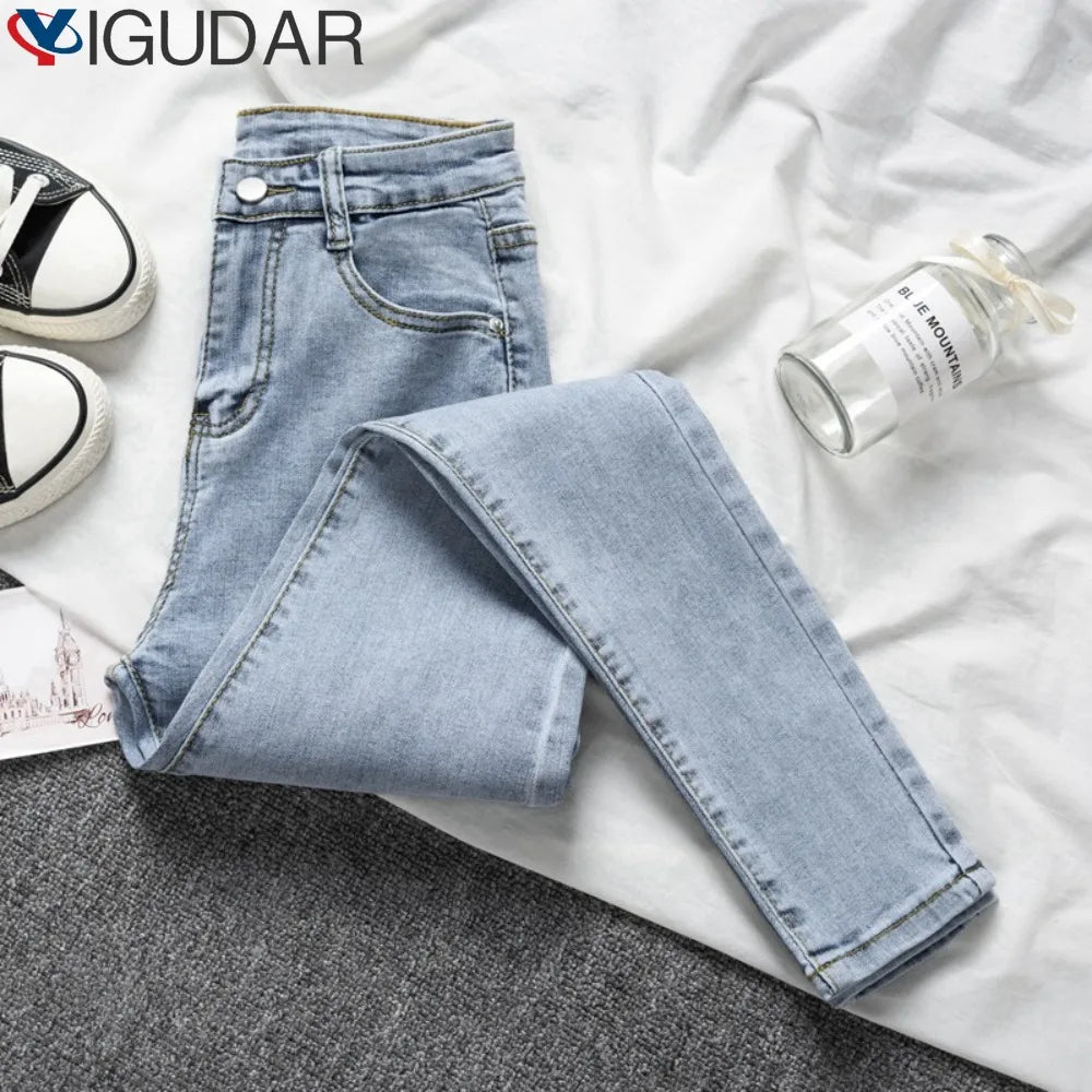 2024 New Vintag Women High-rise Jeans Simple Solid Color Fashion Slim Pencil Pants All-match Skinny Elasticity Denim Trousers