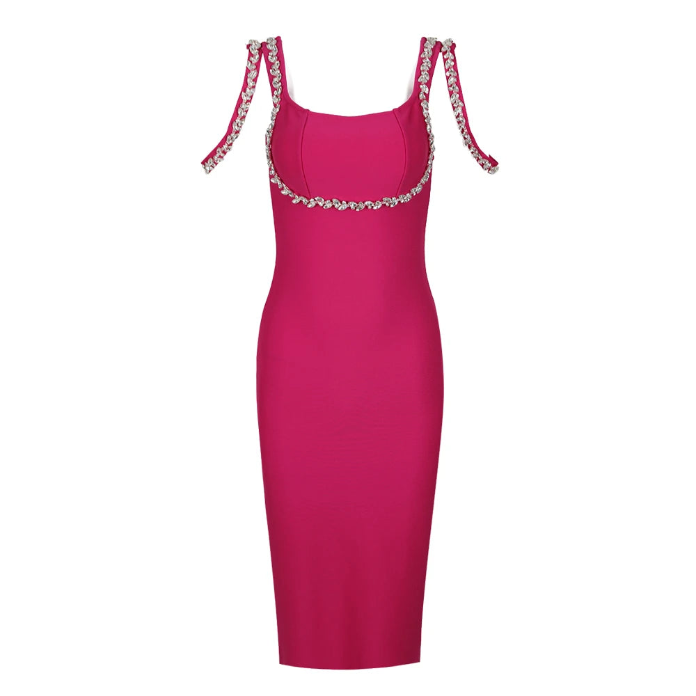 Factory Wholesale Women's 2024 Rose Red Spaghetti Strap Diamond Tight Sexy Celebrity Cocktail Party Bandage Dress