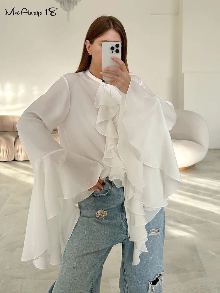 Mnealways18 Chiffon White Ruffled Shirts For Women Flare Sleeve Oversize Laminated Flounces Elegant Blouses And Tops Spring 2024